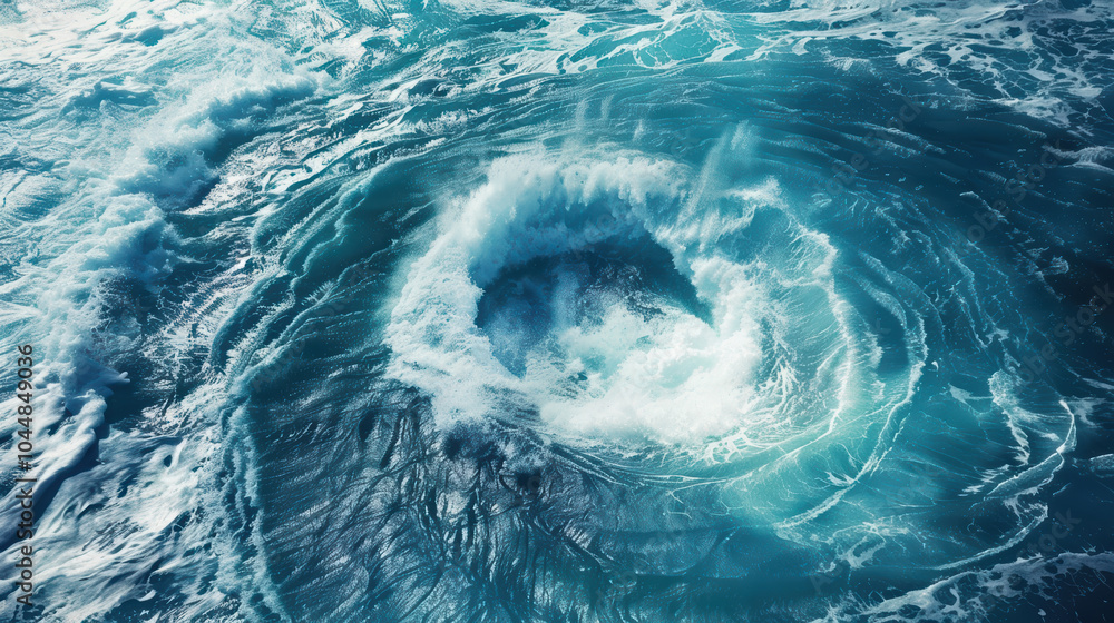 Poster powerful whirlpool forms in middle of ocean, showcasing dynamic movement of water and mesmerizing pa