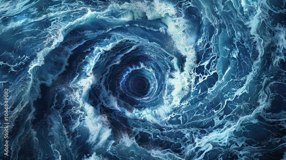 Poster powerful whirlpool forms in middle of ocean, showcasing dynamic movement of water and mesmerizing pa