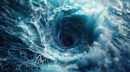 powerful whirlpool forming in middle of ocean creates mesmerizing display of swirling water and frothy waves. dynamic movement evokes sense of awe and wonder