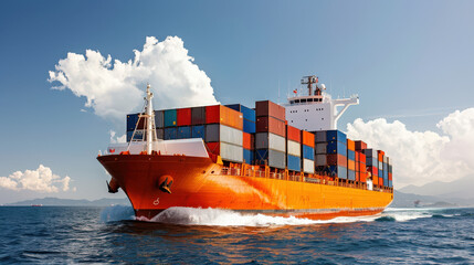 Massive container ship sailing through sea with colorful cargo containers, showcasing maritime transport and trade against beautiful sky