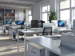 A 3D render of an office with multiple workstations and computers