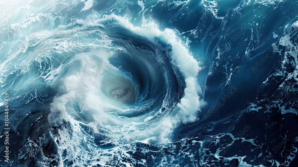 Poster powerful whirlpool forms in middle of ocean, showcasing dynamic movement of water and mesmerizing pa