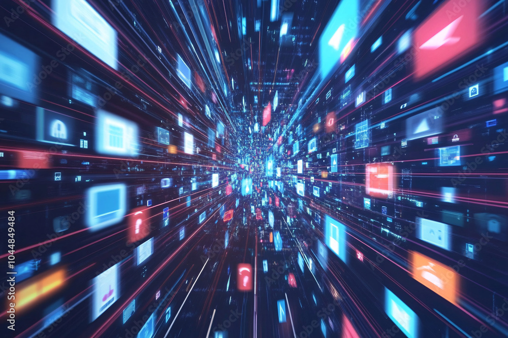 Aufkleber a dynamic digital landscape with app icons moving in a tunnel-like perspective creating a sense of s