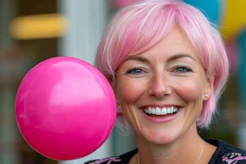 Naklejka premium Woman with pink hair is holding a pink balloon. She is smiling and she is happy. a woman with pink hair blowing a huge bubble with pink bubblegum laughng giggly cute playful