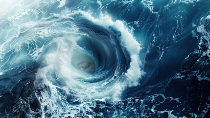 powerful whirlpool forms in middle of ocean, showcasing dynamic movement of water and mesmerizing patterns created by swirling currents. deep blue hues evoke sense of awe and wonder