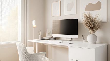 Chic Office Setup with White Desk, Modern Decor, and Minimalist Style