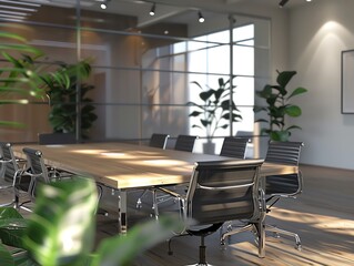 A 3D render of an office with a meeting table and chairs