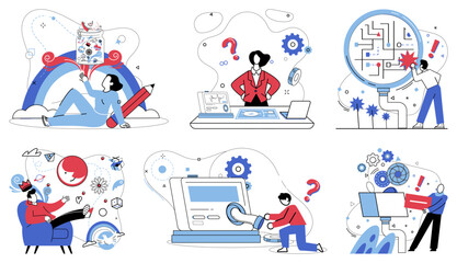 Thinking vector illustration. Reflective intelligence is compass, steering ship through waves information and analysis Imagination is butterfly, fluttering in meadow thoughtful contemplation