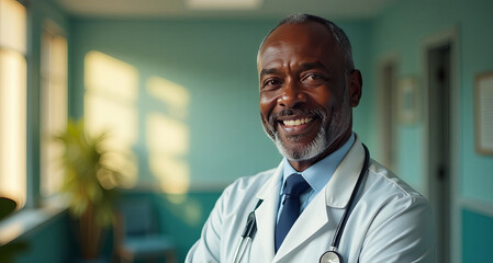 Friendly adult male doctor in workwear with stethoscope on neck in clinic interior, looking and smiling at camera, copy space