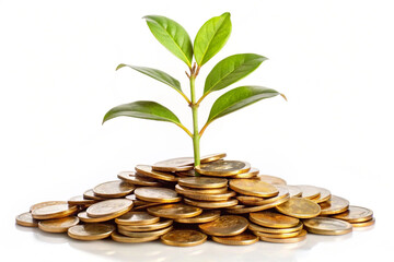 A plant growing from a pile of coins,isolated on white background
