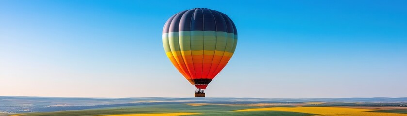 Naklejka premium A vibrant hot air balloon floats gracefully over a scenic landscape under a clear blue sky, capturing the essence of adventure and freedom.