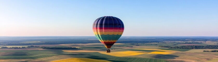 Obraz premium A vibrant hot air balloon soaring over a vast landscape, capturing the beauty of nature from a breathtaking aerial perspective.