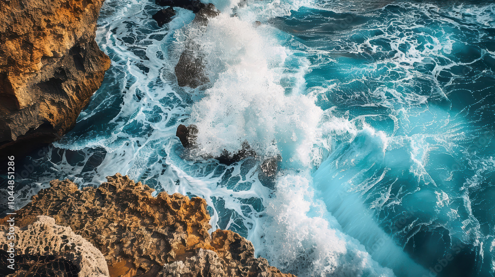 Poster ocean wave crashes powerfully against rocky cliffs, creating stunning display of natures force and b