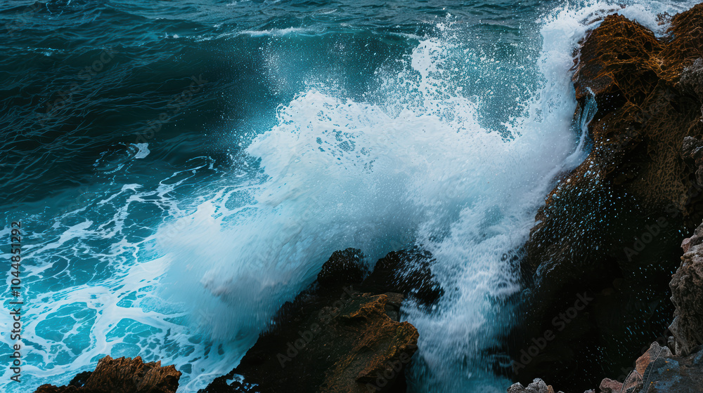 Poster powerful ocean wave crashes against rocky cliffs, creating stunning display of water and foam. dynam
