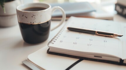 A closeup view of a desk with a planner, pen, and coffee mug