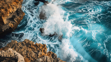 Obraz premium ocean wave crashes powerfully against rocky cliffs, creating stunning display of natures force and beauty. vibrant blue water contrasts with rugged rocks, evoking sense of awe and tranquility
