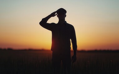 American veteran saluting the flag at sunrise, strong silhouette with soft light, symbolizing honor and dedication, Veterans Day, Salute, Sunrise