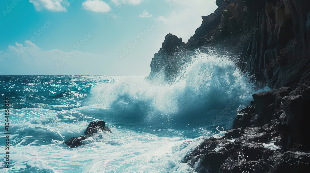 Poster powerful ocean wave crashes against rocky cliffs, creating stunning display of natures force. vibran
