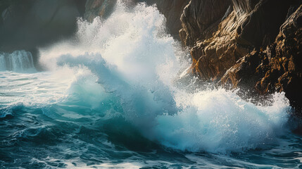 powerful ocean wave crashes against rocky cliffs, creating stunning display of water and foam. dynamic movement captures raw energy of nature, evoking sense of awe and tranquility