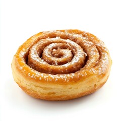 Cinnamon roll with powdered sugar topping.