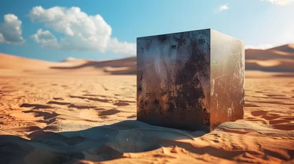 Fototapeten Surreal landscape with a metal cube in the desert © Mumtaj