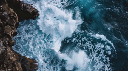 Obraz premium Powerful ocean waves crashing against rocky cliffs create stunning display of natures force and beauty. vibrant blue water contrasts with rugged rocks, evoking sense of awe and tranquility