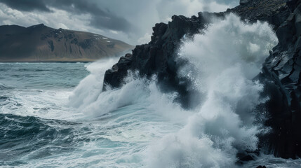powerful ocean wave crashes against rocky cliffs, creating dramatic scene filled with energy and movement. contrast between dark rocks and frothy white water enhances beauty of nature
