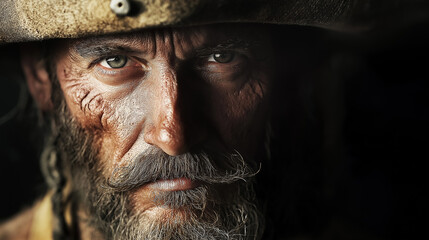 Pirate captain portrait with shadows highlighting a scarred face and weathered hat
