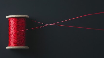 A vibrant red thread spool with taut strands against a dark background, perfect for sewing or crafting motifs.