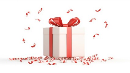 Gift box with red ribbon surrounded by festive confetti, white isolated background