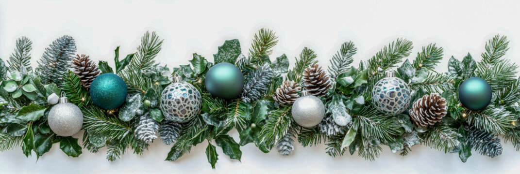 Elegant festive holiday garland with frosted pinecones and ornaments for christmas décor