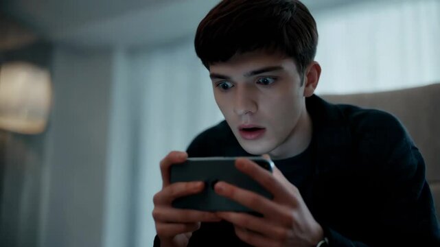 young man in doubted expression after looking at his cellphone