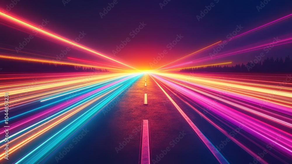 Poster a vivid display of colorful light trails on a dark road, evoking a sense of speed and motion in an u