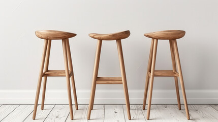 Minimalist wooden bar stools arranged in row against light wall, showcasing their sleek design and natural wood finish. Perfect for modern kitchen or dining spaces