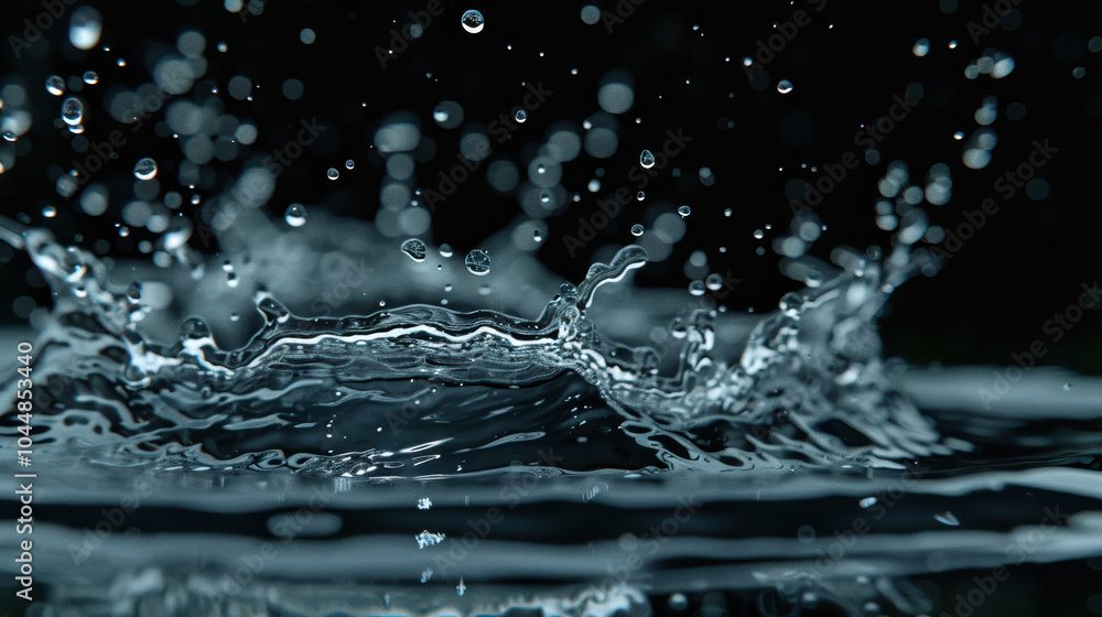 Poster water droplets splash in slow motion, creating mesmerizing patterns and reflections. dynamic movemen