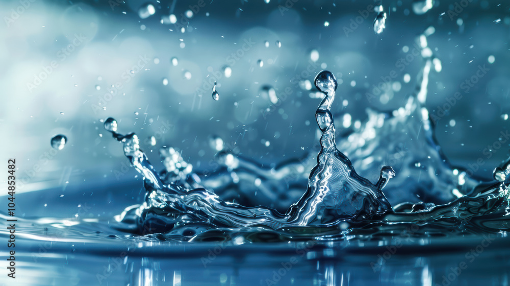 Poster water droplets splash in slow motion, creating mesmerizing patterns and reflections. dynamic movemen