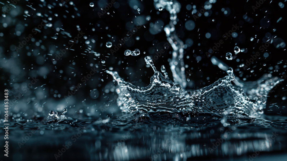 Poster water droplets splash in slow motion, creating mesmerizing patterns and ripples on surface. dynamic 