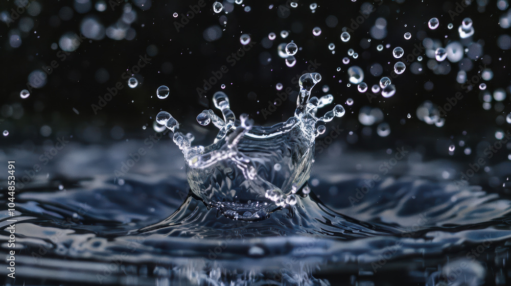 Poster water droplets splashing in slow motion create mesmerizing display of movement and beauty. each drop
