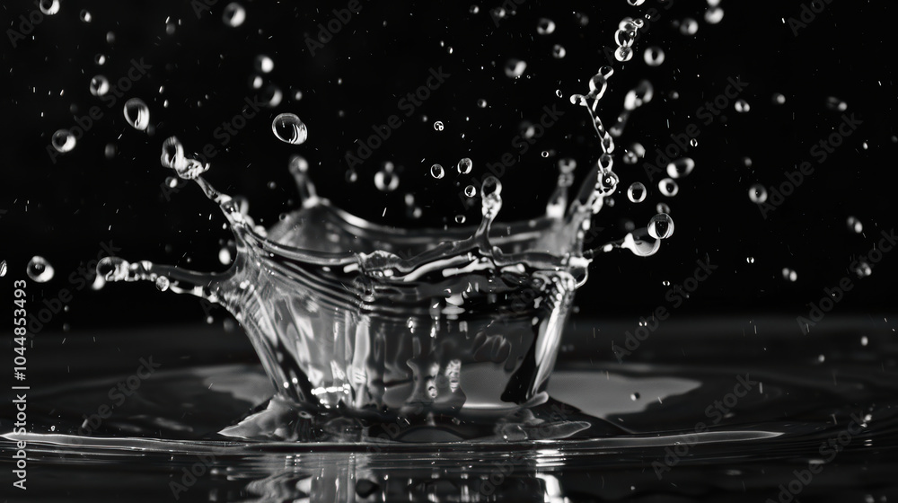 Poster water droplets splash in slow motion, creating mesmerizing display of liquid beauty against dark bac