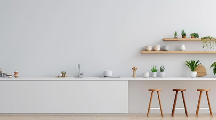 Minimalist kitchen with clean lines, featuring wooden cabinet, plants, and simple decor. serene atmosphere invites creativity and comfort in cooking