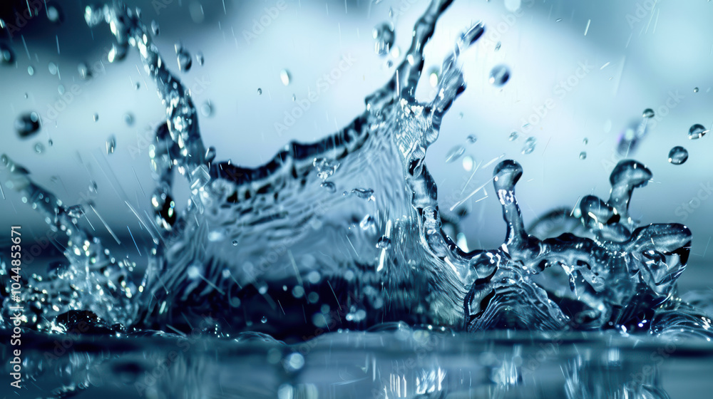 Poster water droplets splashing in slow motion create mesmerizing display of liquid dynamics. intricate pat