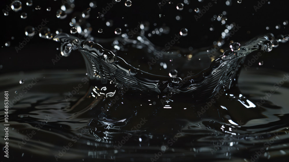 Poster water droplets splash in slow motion, creating mesmerizing patterns and reflections on dark surface.
