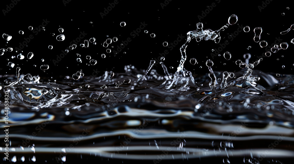 Poster water droplets splash in slow motion, creating mesmerizing patterns and reflections on surface. dyna