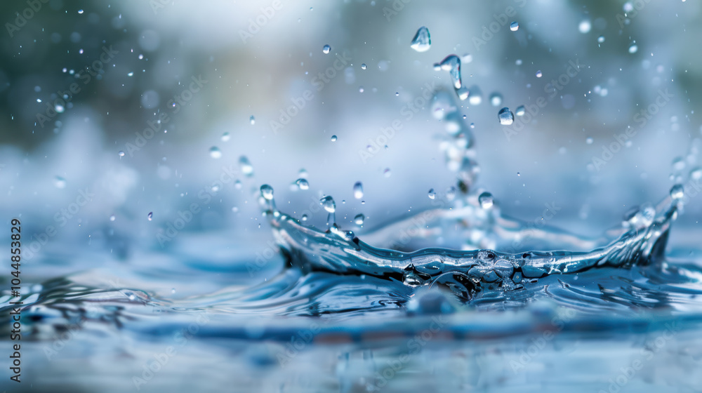 Poster water droplets splash in slow motion, creating mesmerizing patterns and ripples on surface. beauty o