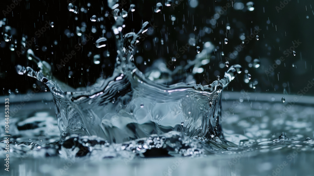 Poster water droplets splashing in slow motion create mesmerizing effect, showcasing beauty of liquid dynam