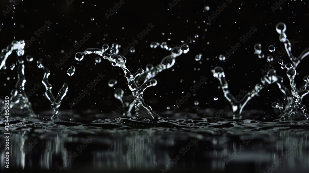 Poster water droplets splashing in slow motion create mesmerizing patterns against dark background, showcas