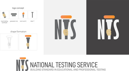 NTS logo integrates a hand holding a certificate, graduation hat, and a torch, symbolizing knowledge and achievement. Ideal for educational and professional testing services, enhancing brand identity
