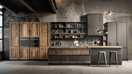 Minimalist kitchen with natural wooden cabinets, featuring sleek design and modern appliances. combination of wood and metal creates warm yet contemporary atmosphere