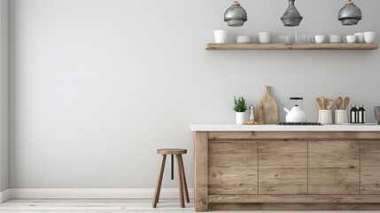 Minimalist kitchen with wood cabinetry, white countertop, and modern decor creates serene atmosphere. simplicity and elegance evoke sense of calm and functionality