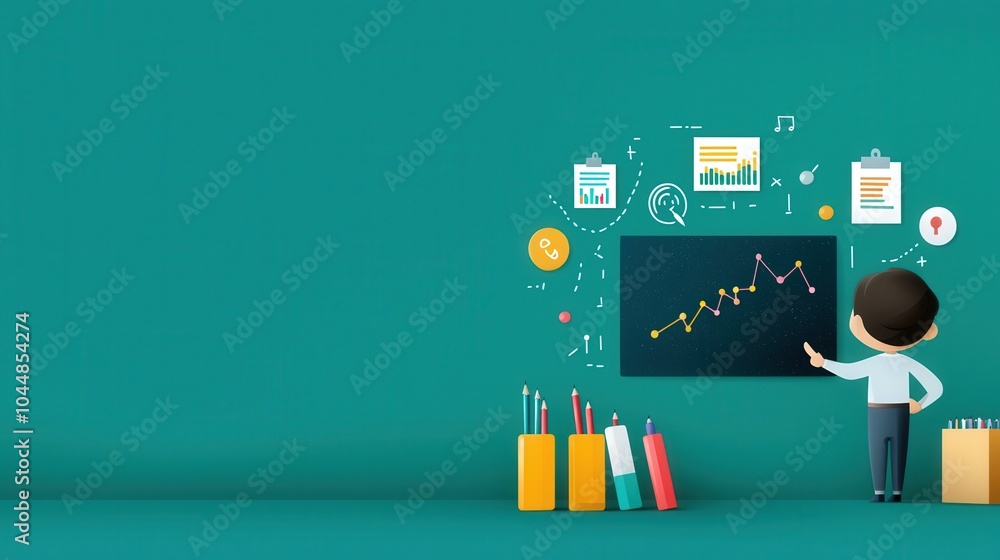 Poster teacher pointing to a chalkboard with graphs, symbolizing classroom learning